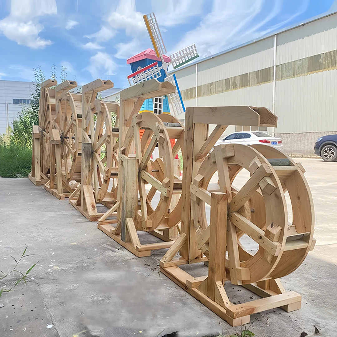 防腐木水车户外旋转灌溉景观实木电动木质风水轮流水摆件厂家定制