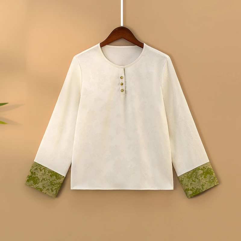 【春白】春季2025新款上衣小衫女装新中式国风圆领提花气质长袖衬衫