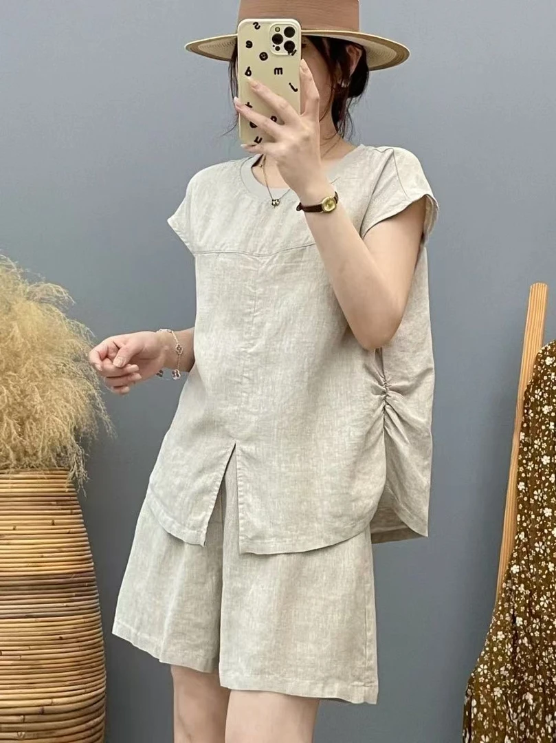 【纯亚麻 套装】夏日肌理感纯亚麻飞飞袖衬衫+亚麻短裤显瘦女士套装