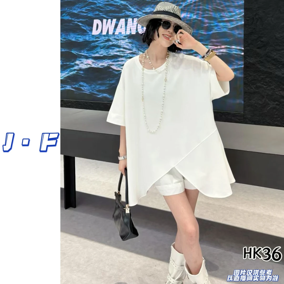 JF定制大码女装HK36夏季宽松圆领不规则开叉中长款短袖T恤