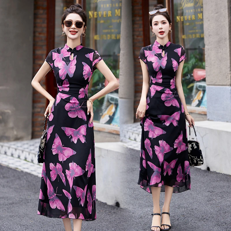新中式改良旗袍连衣裙女夏季2025新款印花蝴蝶高端气质绝美显瘦