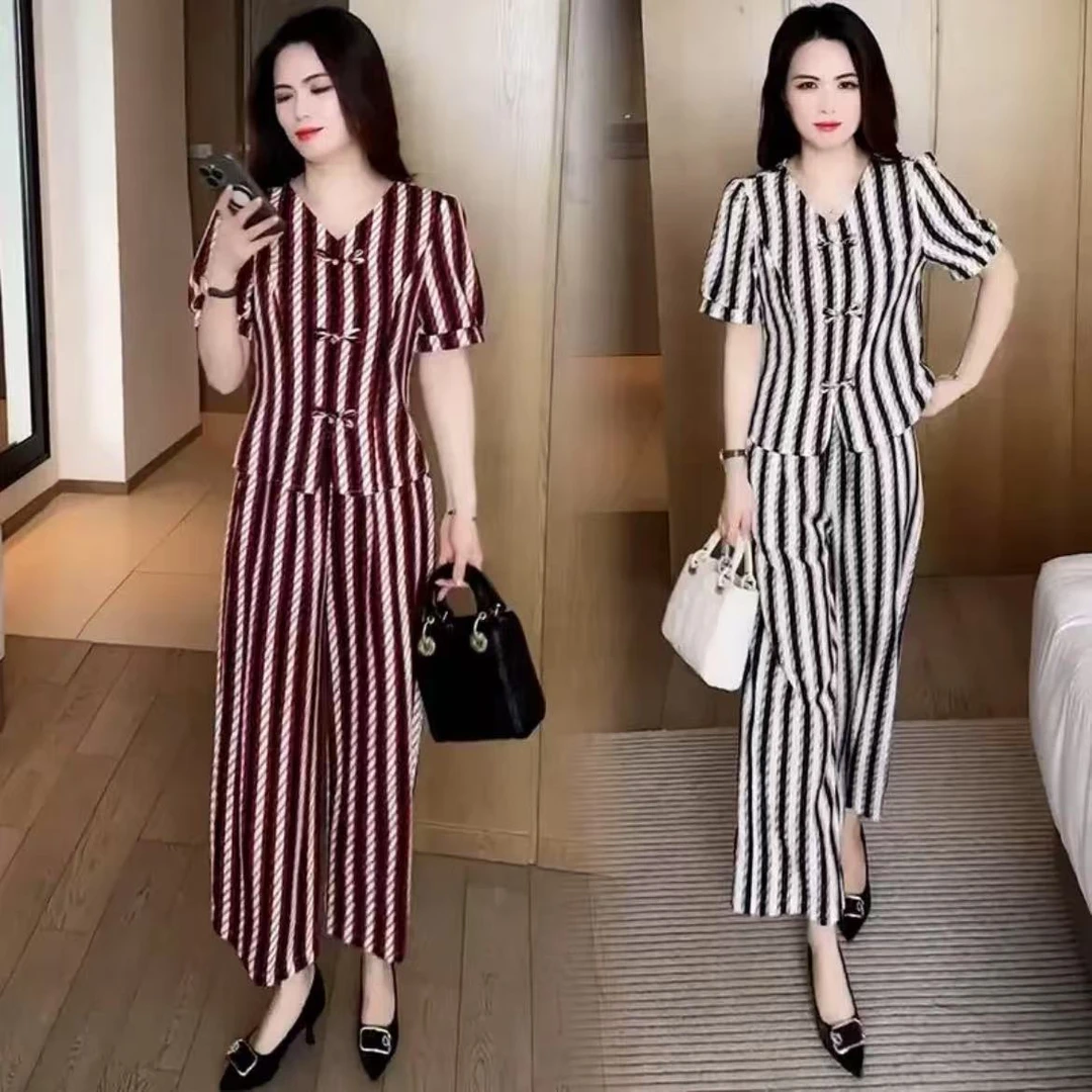 【吉遇优选】88-777#夏季新品亲肤冰雪丝条纹气质套装