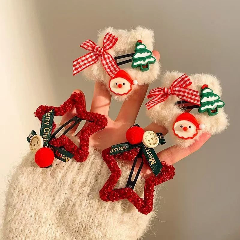 新年红色毛绒星星发夹蝴蝶结刘海BB夹侧边夹发卡圣诞节头饰发饰