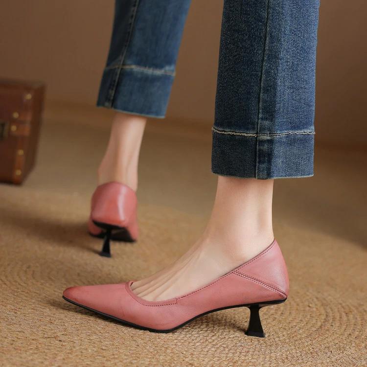 5cm尖头水洗牛皮气质复古工作鞋2025新款细跟中跟真皮单鞋巨软