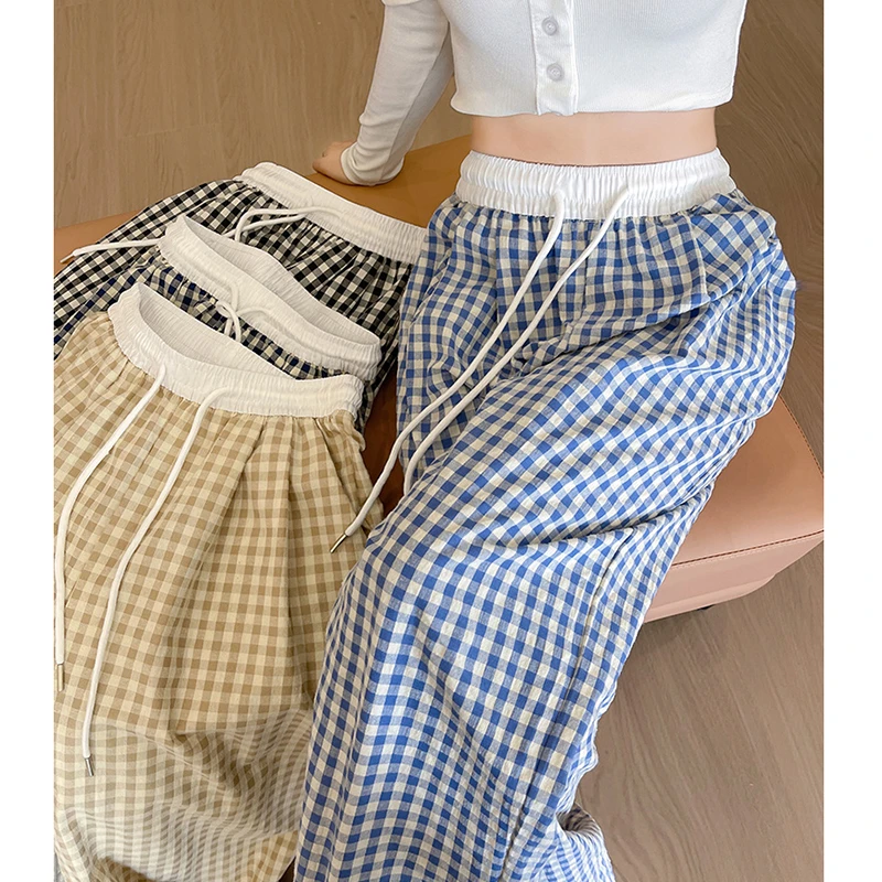 宽松休闲直筒裤蓝色格子裤子女2025新款松弛感慵懒显瘦高腰阔腿裤