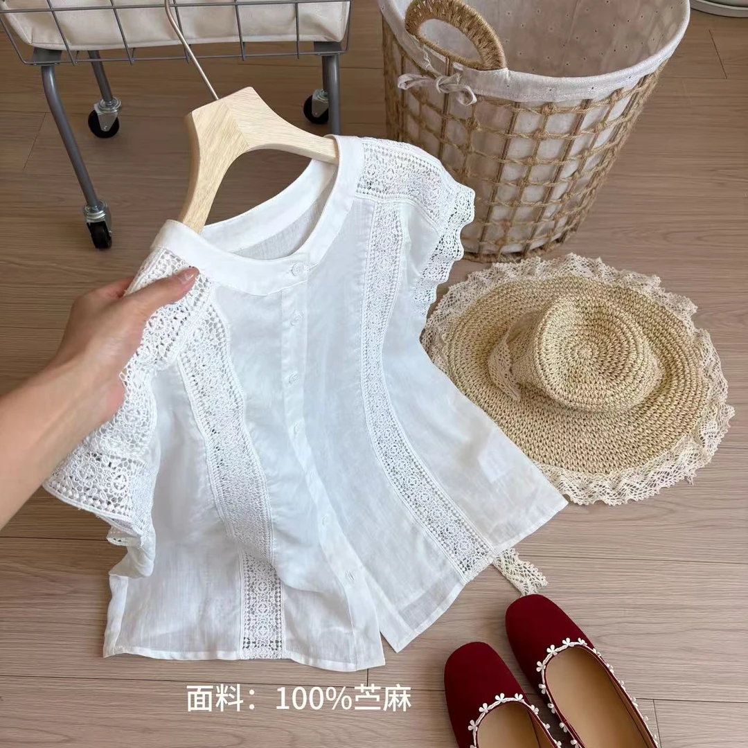小柒家A00343-白色花边超温柔苎麻衬衫夏季镂空新款时尚百搭小衫