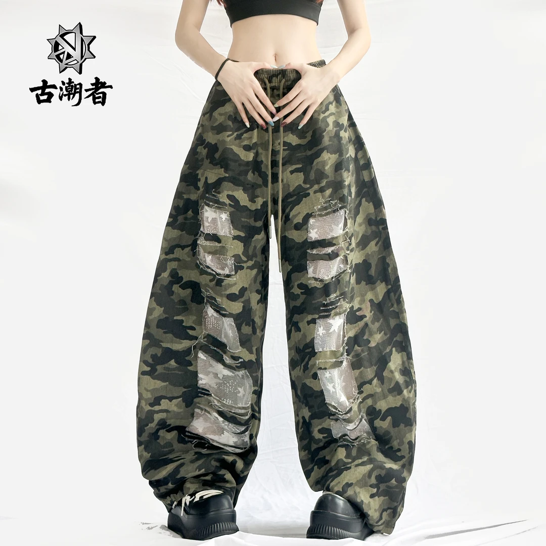 十三姨哈伦裤水洗无弹力破洞长裤牛仔裤直筒迷彩美式潮流