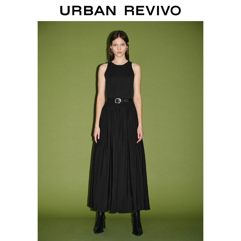 UR2025夏季新款女装拼接通勤金属扣腰带无袖连衣裙UWJ750011