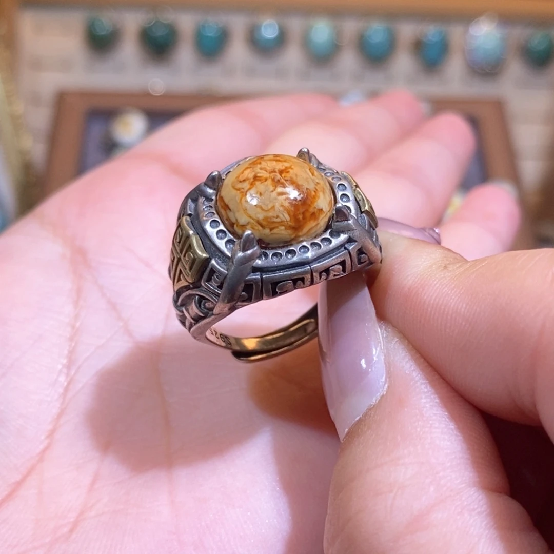 琥珀戒指银S925镶嵌福****y戒指