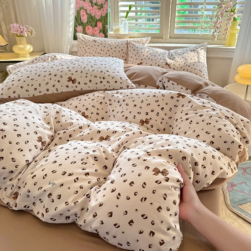 针织棉双层纱印花四件套网红清新学生宿舍床单被套床上用品三件套