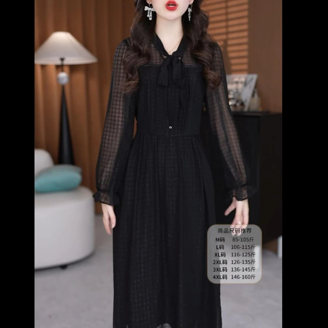 C921长袖连衣裙女2025春夏新款时尚气质收腰显瘦黑色中长裙子