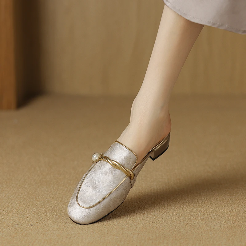 羊皮版真皮圆头时尚小香风玛丽珍包头半拖鞋女夏季外穿懒人穆勒鞋