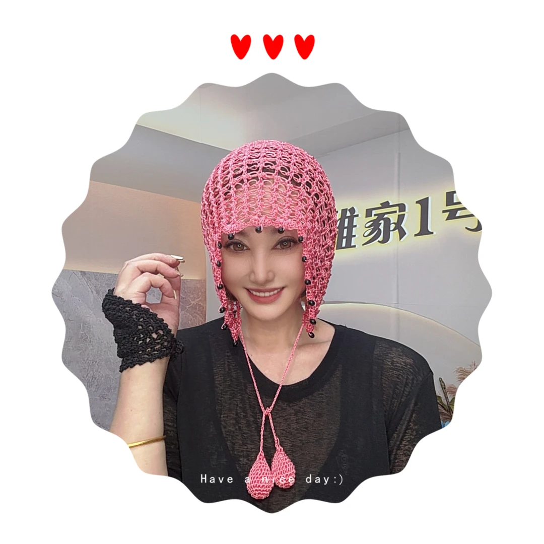 美雅家原创手工钩织网状鱼网帽发饰帽夏季镂空遮白发