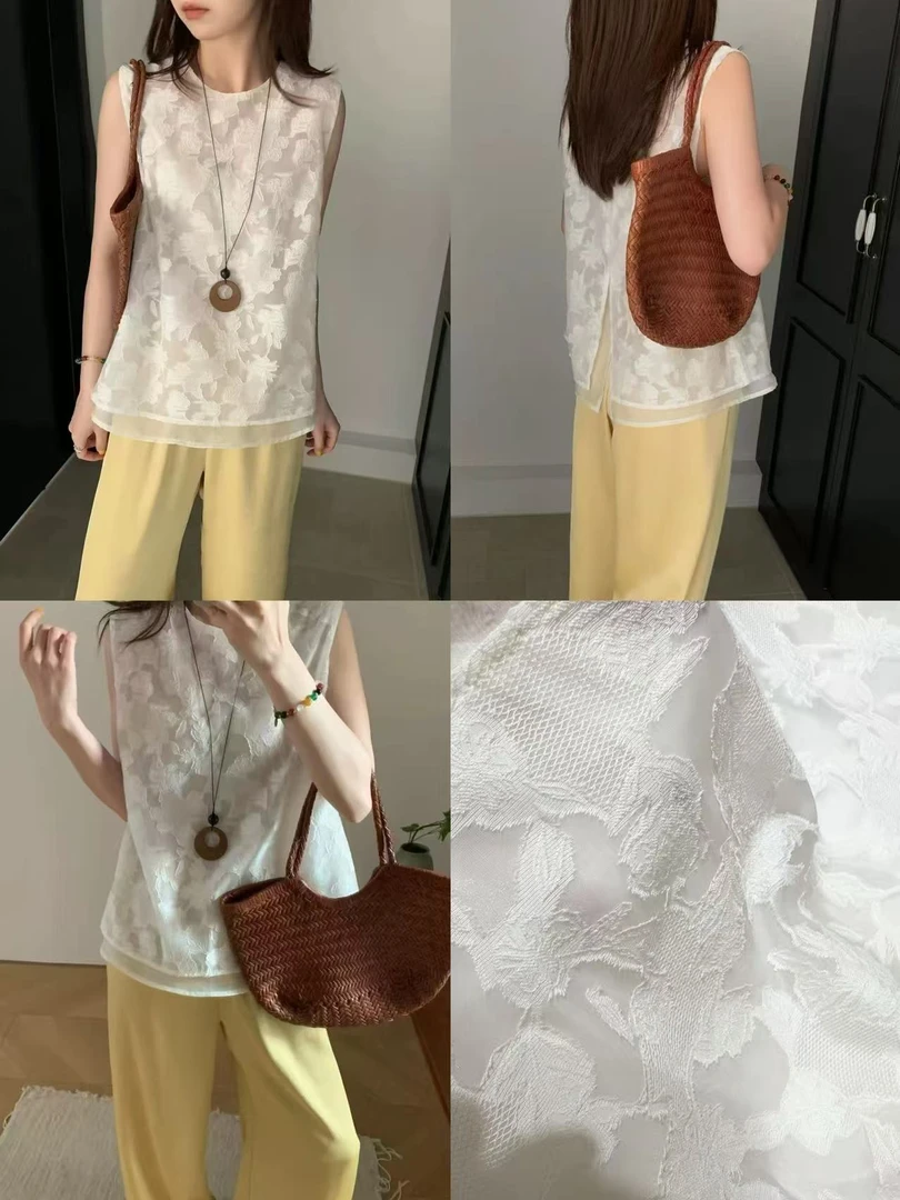 XZ S胸102长60剪花刺绣无袖日常百搭宽松气质衬衫上衣 1422