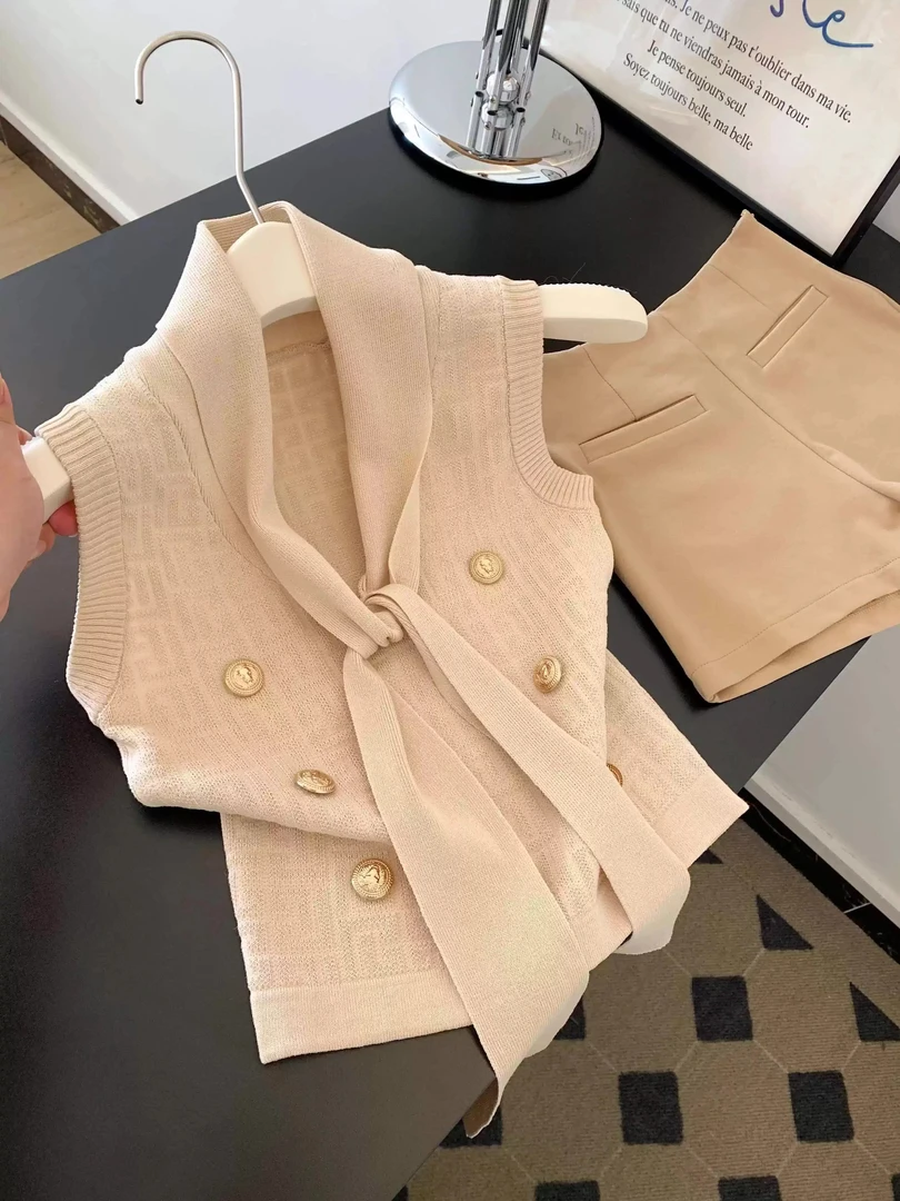 法式气质小香风V领飘带针织背心女夏季新款修身外穿无袖系带上衣