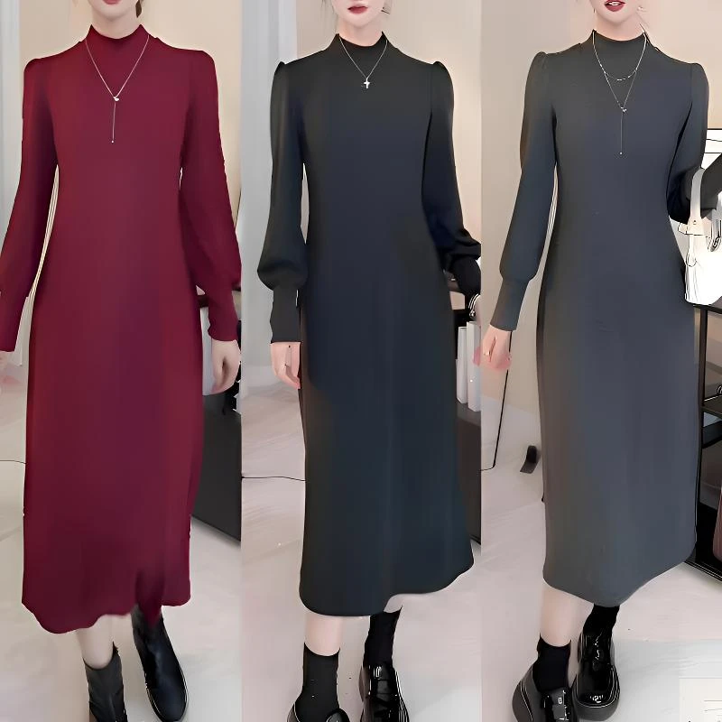 【衣雅严选】8121-977新款显瘦气质纯色时尚金纺木莱棉长款连衣裙