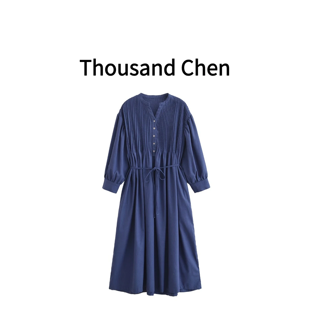 Thousand Chen【蓝调往事】风琴捏褶宽松显瘦休闲圆领连衣裙 Q7025