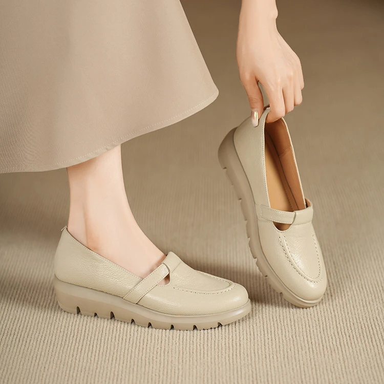 羊皮~4.5cm圆头乐福鞋女百搭一脚蹬小皮鞋舒适厚底坡跟单鞋手工鞋