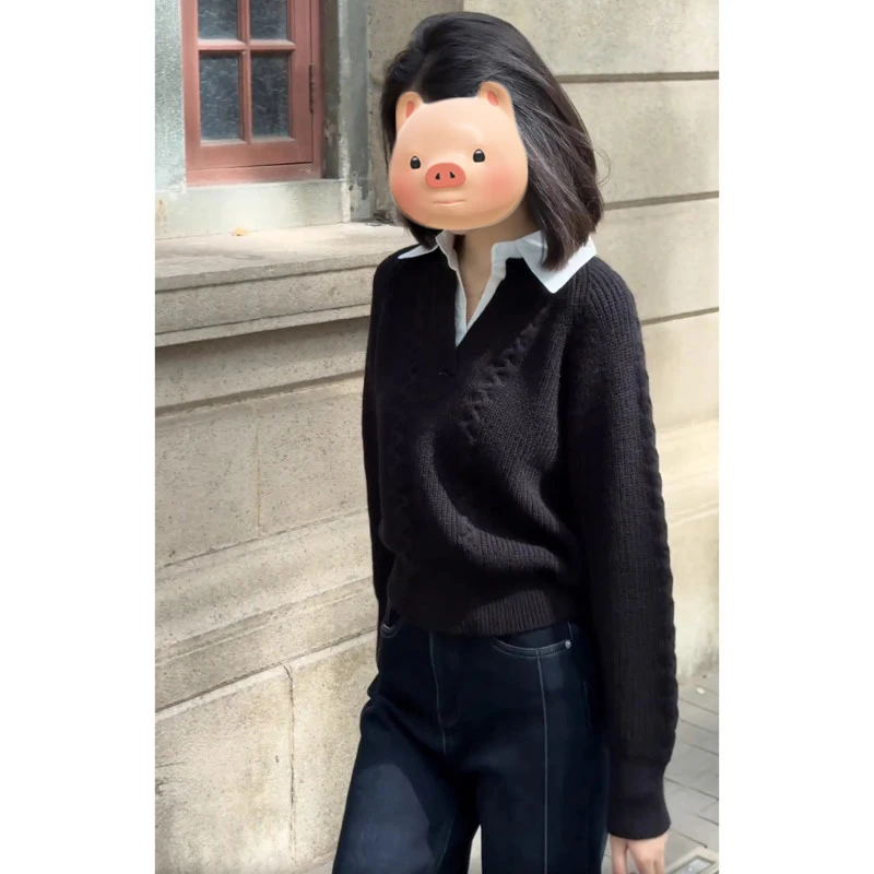 学院风假两件衬衫拼接翻领黑色套头毛衣女秋冬季慵懒风针织衫上衣