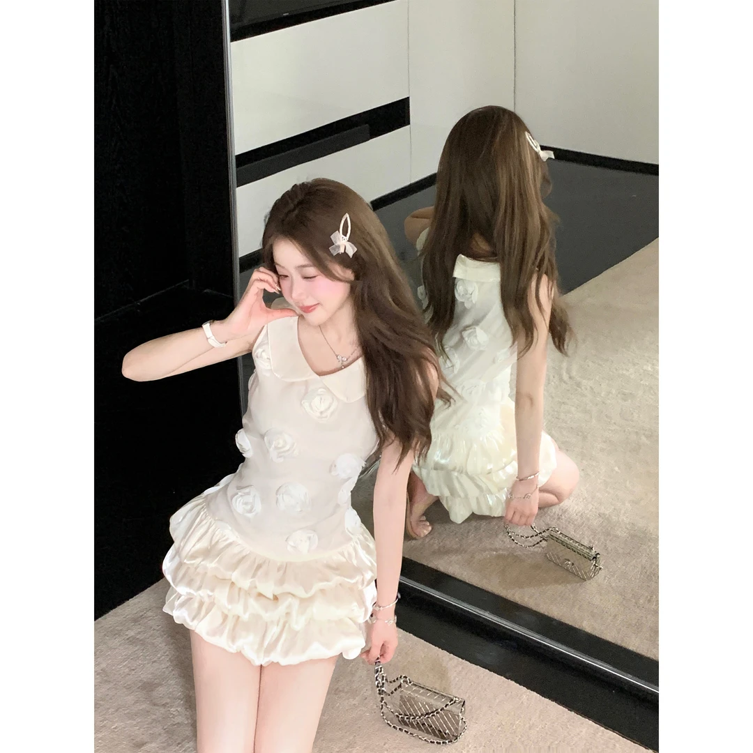 Q女家 奶泡花苞/miu系千金风连衣裙立体花朵背心蛋糕花苞裙女夏日