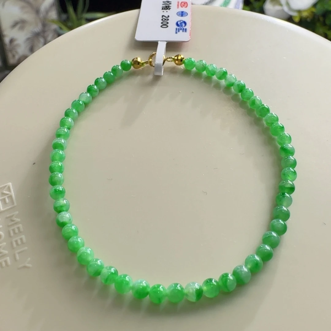 未镶嵌手链翡翠冰胶飘金丝阳绿小米珠3.1mm