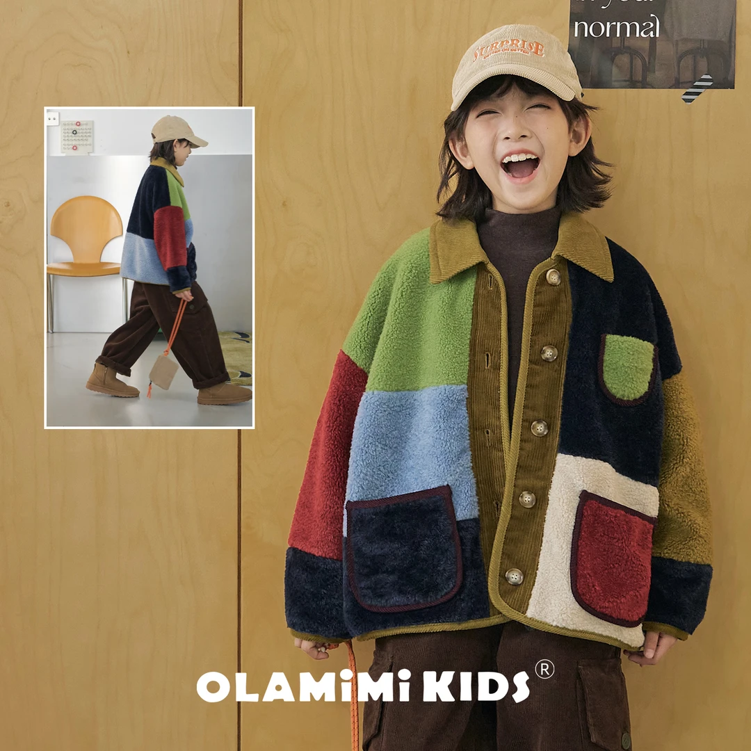 OLAMIMI儿童亲子冬季艺术解构多彩拼接复古翻领保暖外套中大童