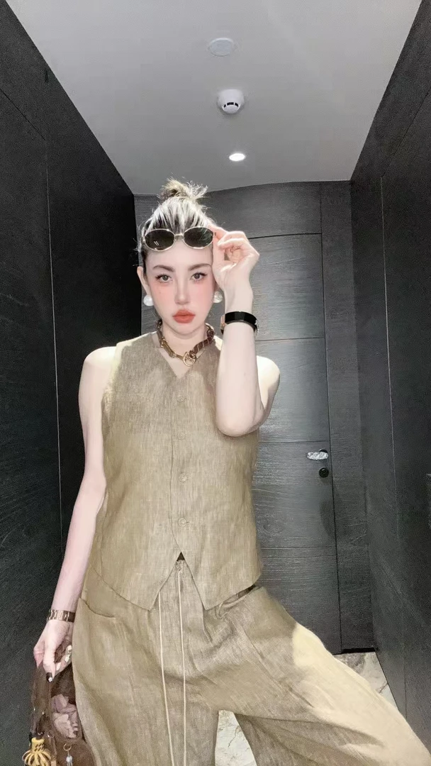 【HAV】新款时髦V领无袖马甲 中高腰松紧抽绳休闲裤套装