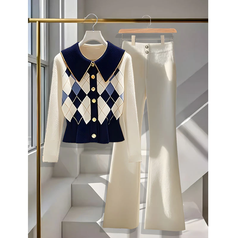 韩系chic别致蓝白撞色菱格针织上衣女秋季新款减龄小个子裤子套装