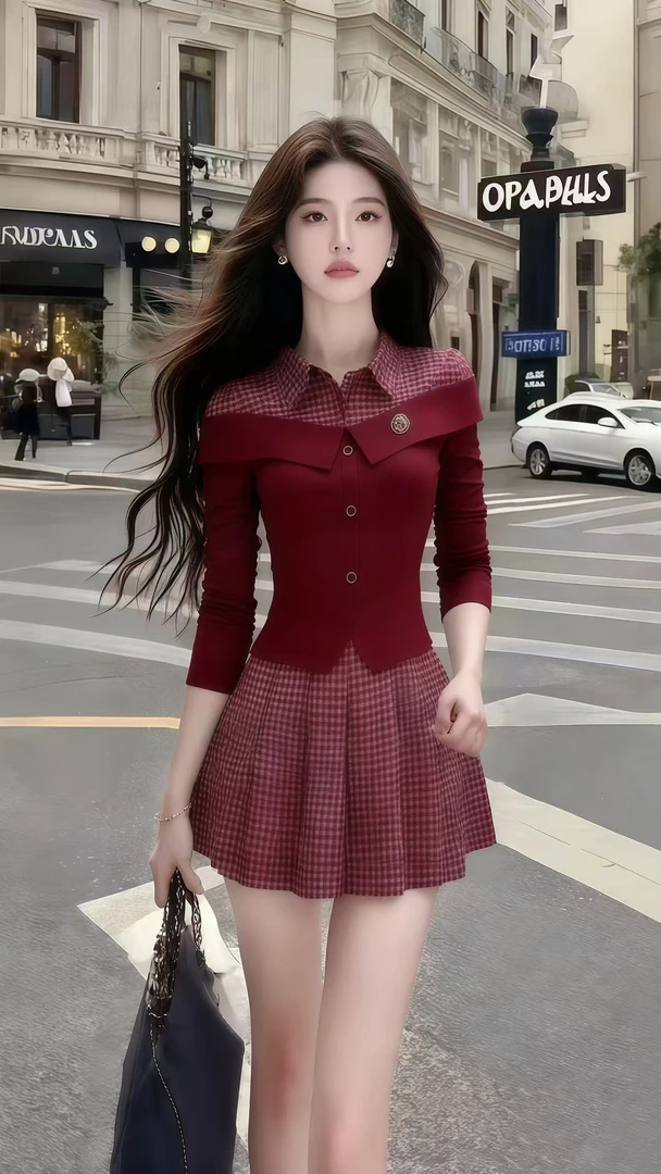 新款显瘦休闲风穿搭拼接设计衬衫领上衣+格子半身裙酒红色两件套
