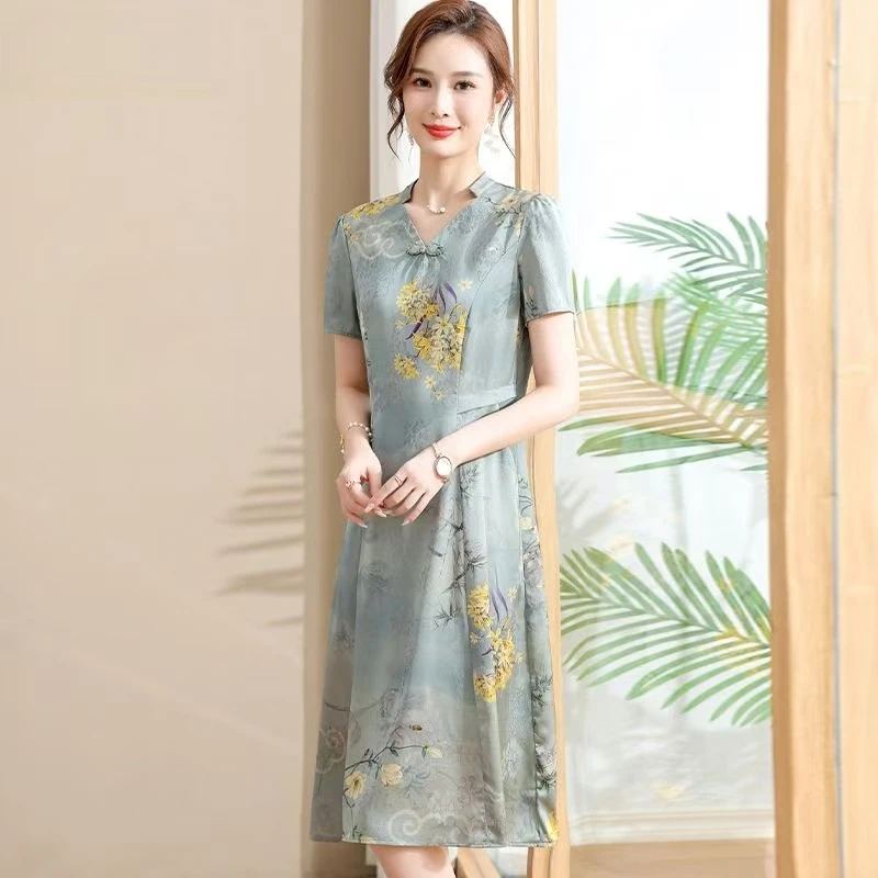 10019-中年妈妈夏装时尚短袖连衣裙新款洋气中长款裙子中老年女装