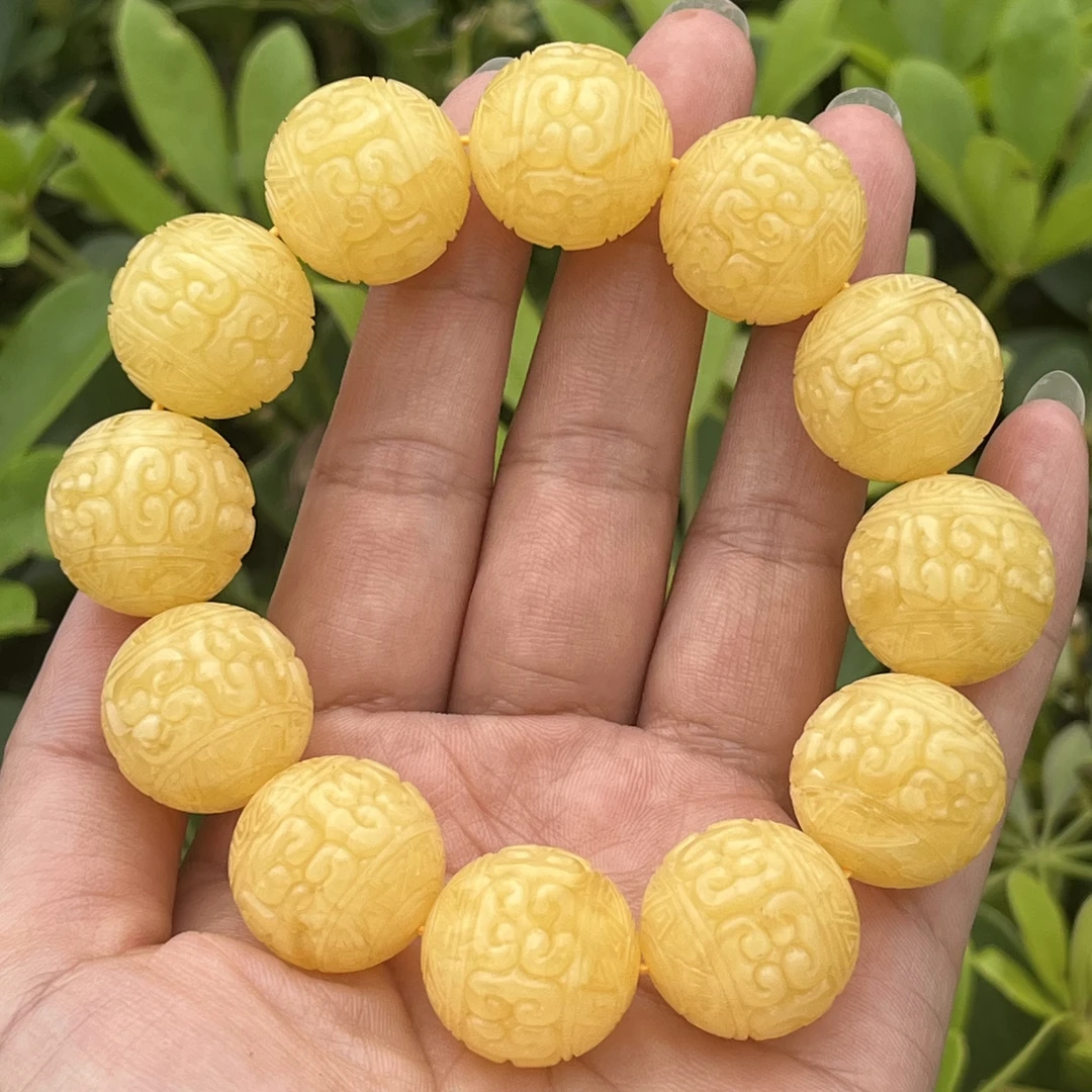 天然蜜蜡回纹珠精工雕刻蜡实 吉祥如意焦皮同料黄白花回纹珠手串
