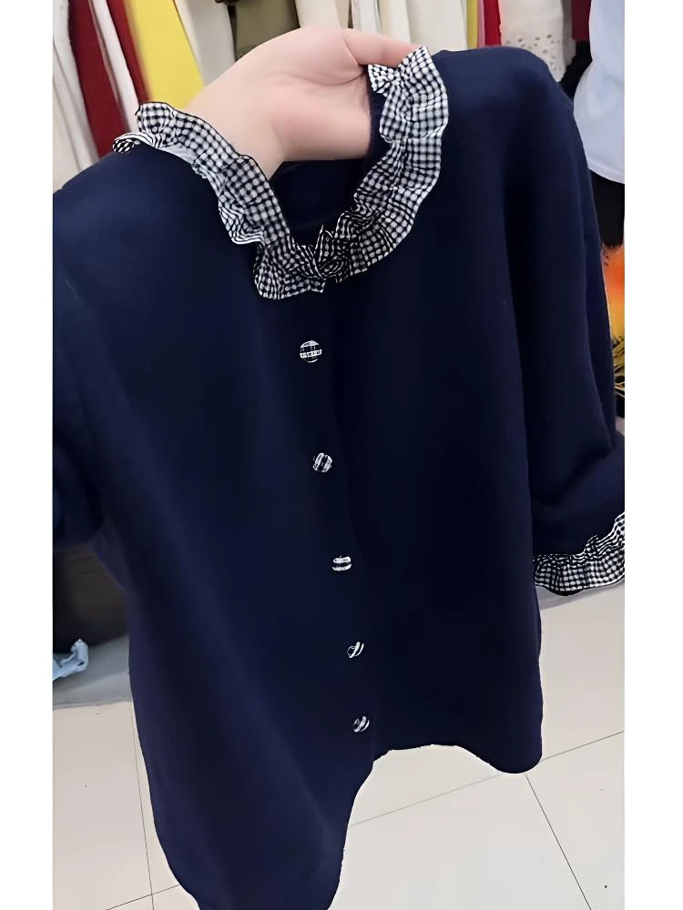 藏蓝色毛衣外套女秋冬2025年秋季新款设计感格子拼接针织开衫上衣