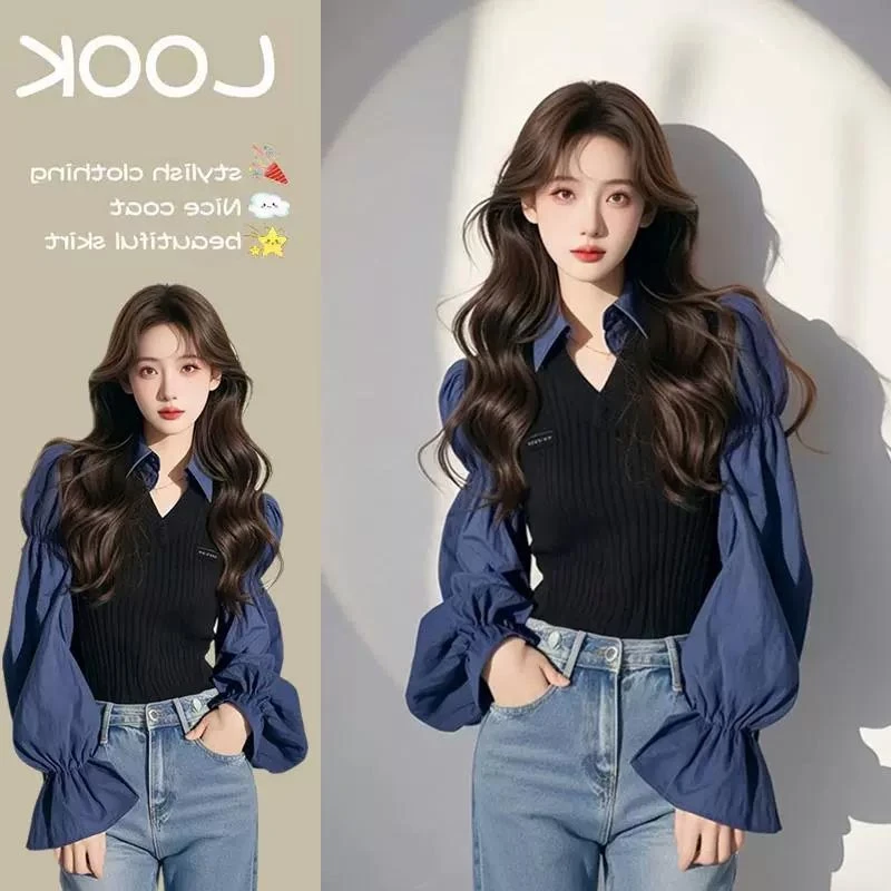 气质时尚拼接泡泡袖衬衫女2025年春秋季新款时尚百搭女装上衣显瘦