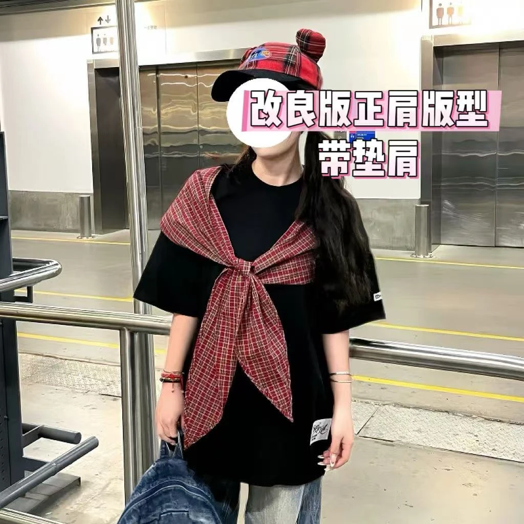 2025夏季新款大码女装韩版遮肉百搭休闲设计感拼格子半袖上衣