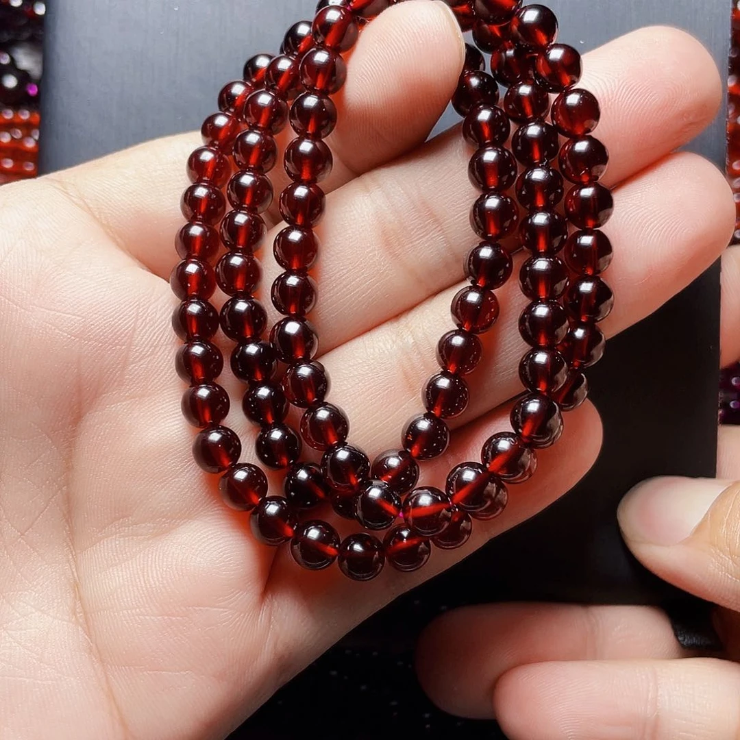石榴石手链未镶嵌兲**僮6.0MM毕业级酒红三圈天花板