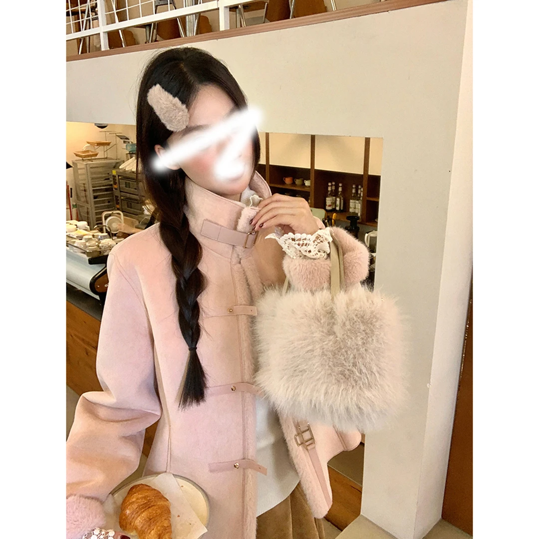 粉色鹿皮毛绒立领外套女秋冬复古皮袢扣拼接设计感皮毛一体上衣