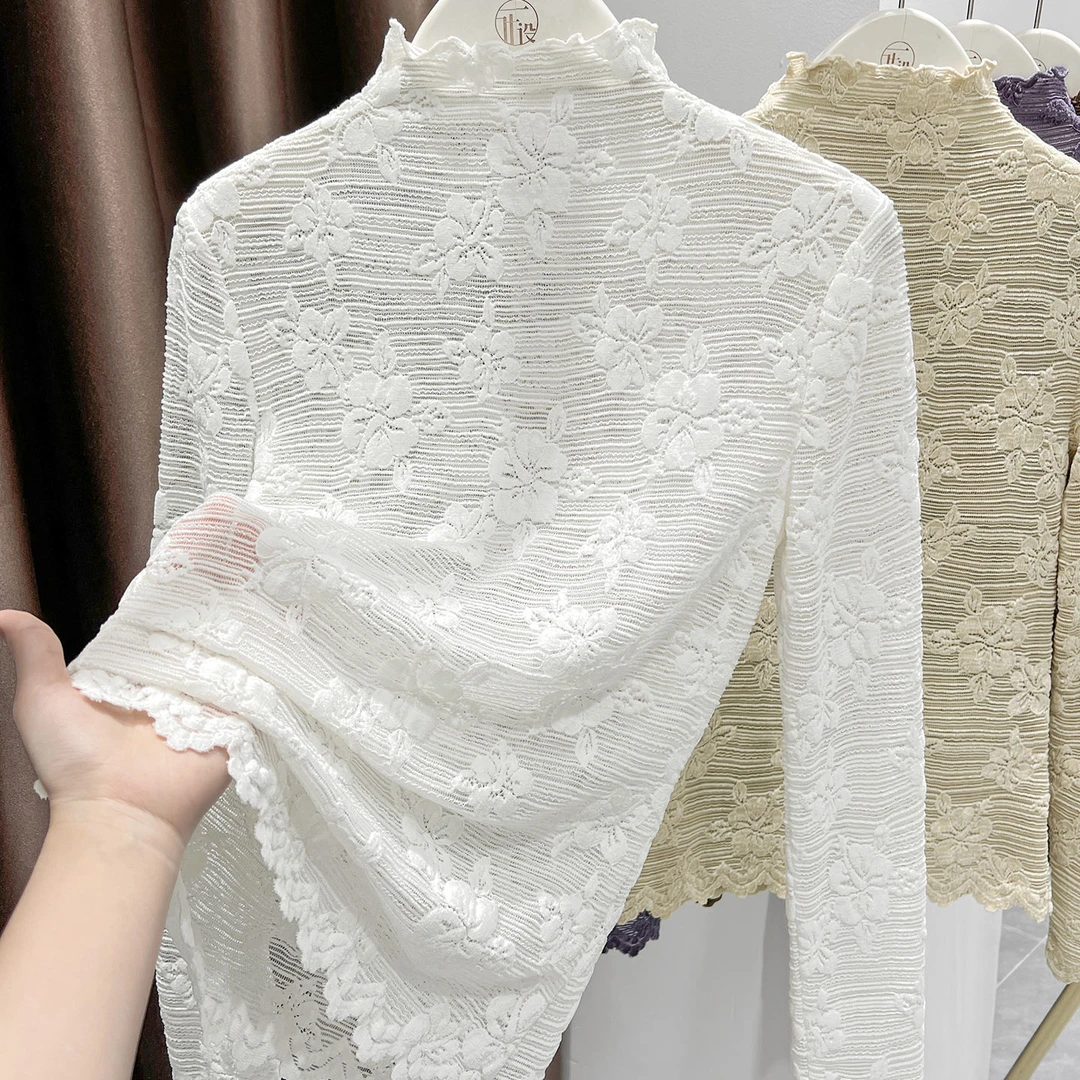木耳半高领提花蕾丝打底衫女长袖内搭花边下摆气质小衫超好看上衣