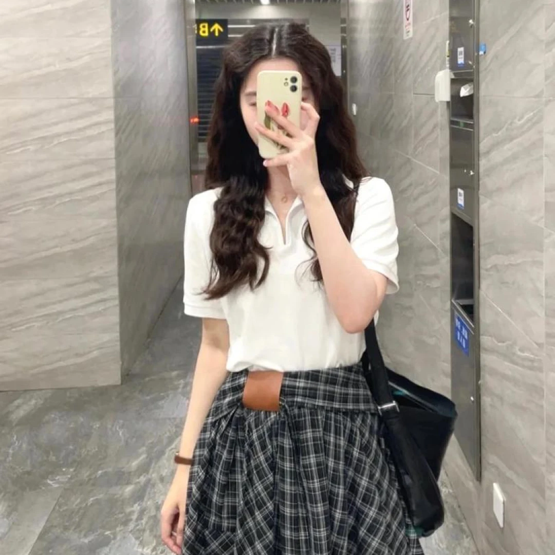 夏季设计感小众一整套女2025新款T恤搭配格纹半身裙裤时尚两件套