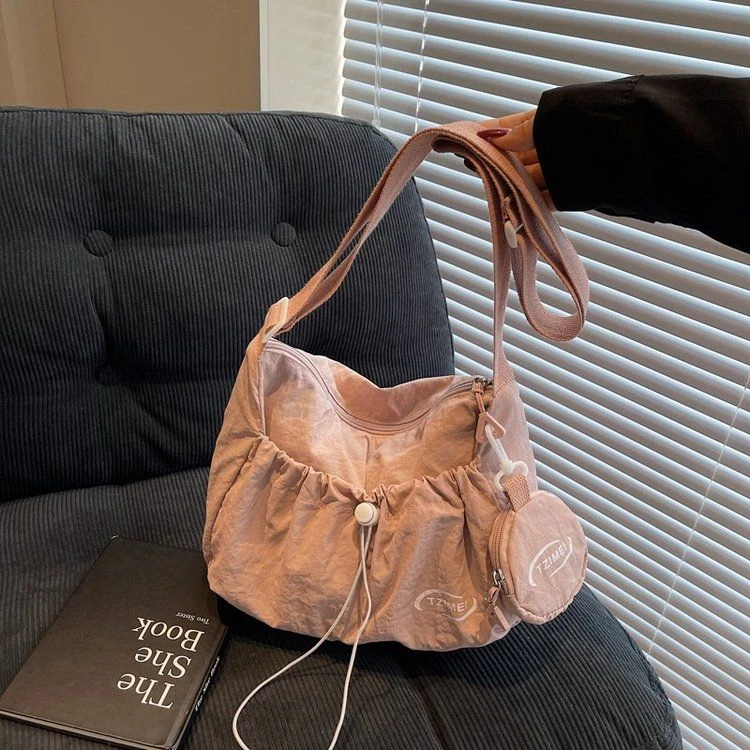 大容量帆布包包女夏天2025款小众单肩斜挎包韩版褶皱上课托特包JY