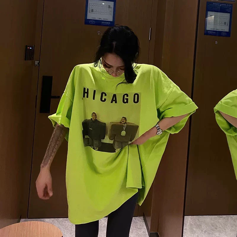 欧货大版2025年新款潮牌短袖t恤女半袖宽松欧美大码荧光绿上衣潮