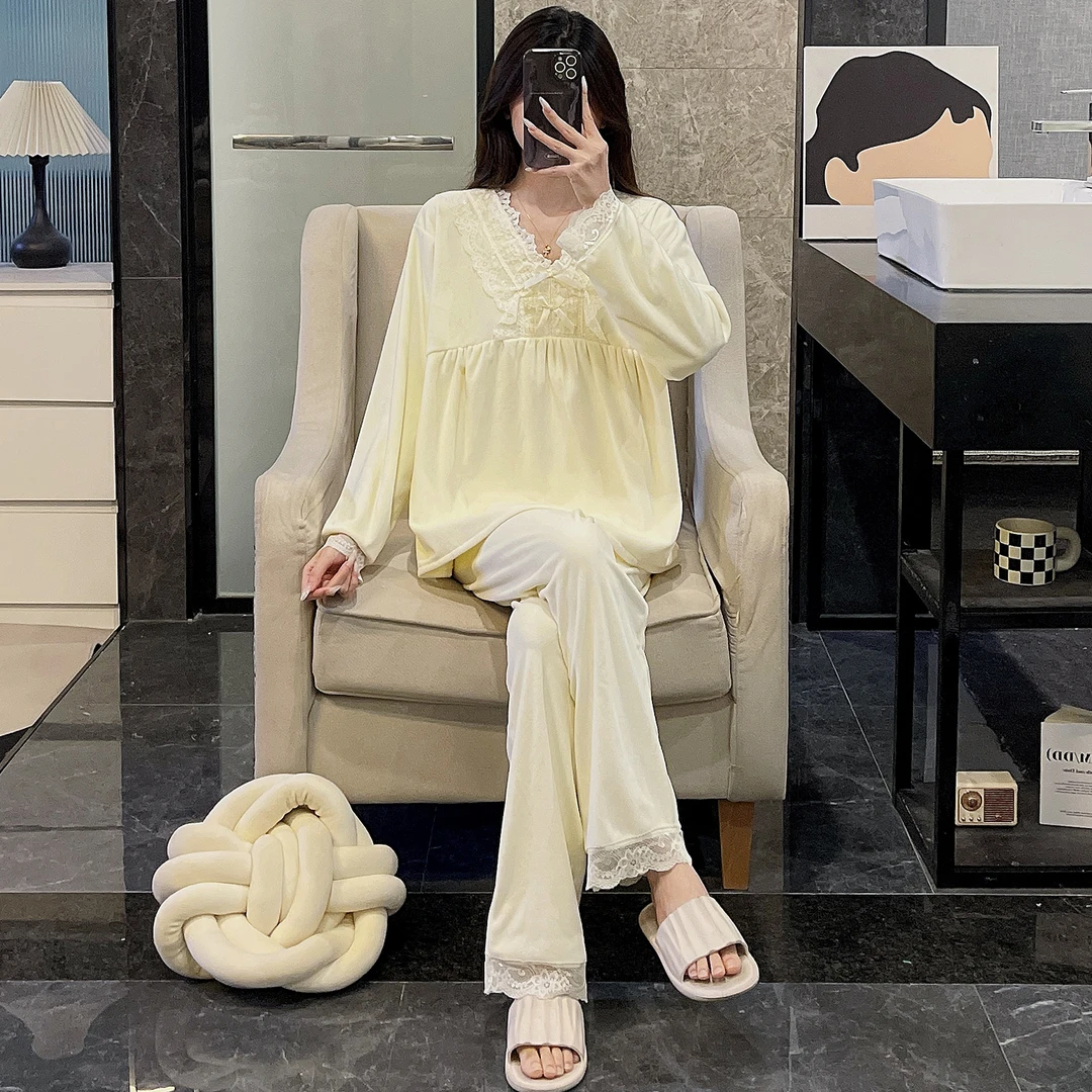 睡衣女秋冬季超柔软海岛绒长袖大码加厚保暖珊瑚绒杏黄套装家居服