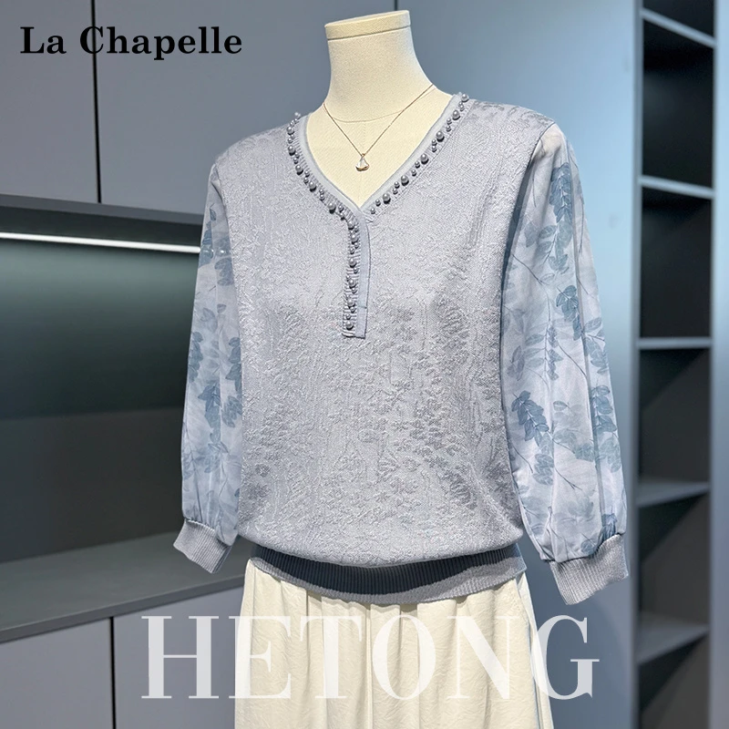 拉夏贝尔妈妈秋装薄款纱袖T恤小衫中老年女减龄针织打底衫上衣服