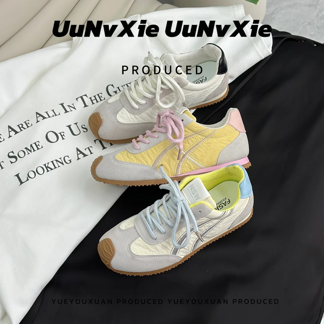 XUZHI煦芝 2025新款德训鞋女复古系带休闲百搭拼色平底阿甘鞋1904