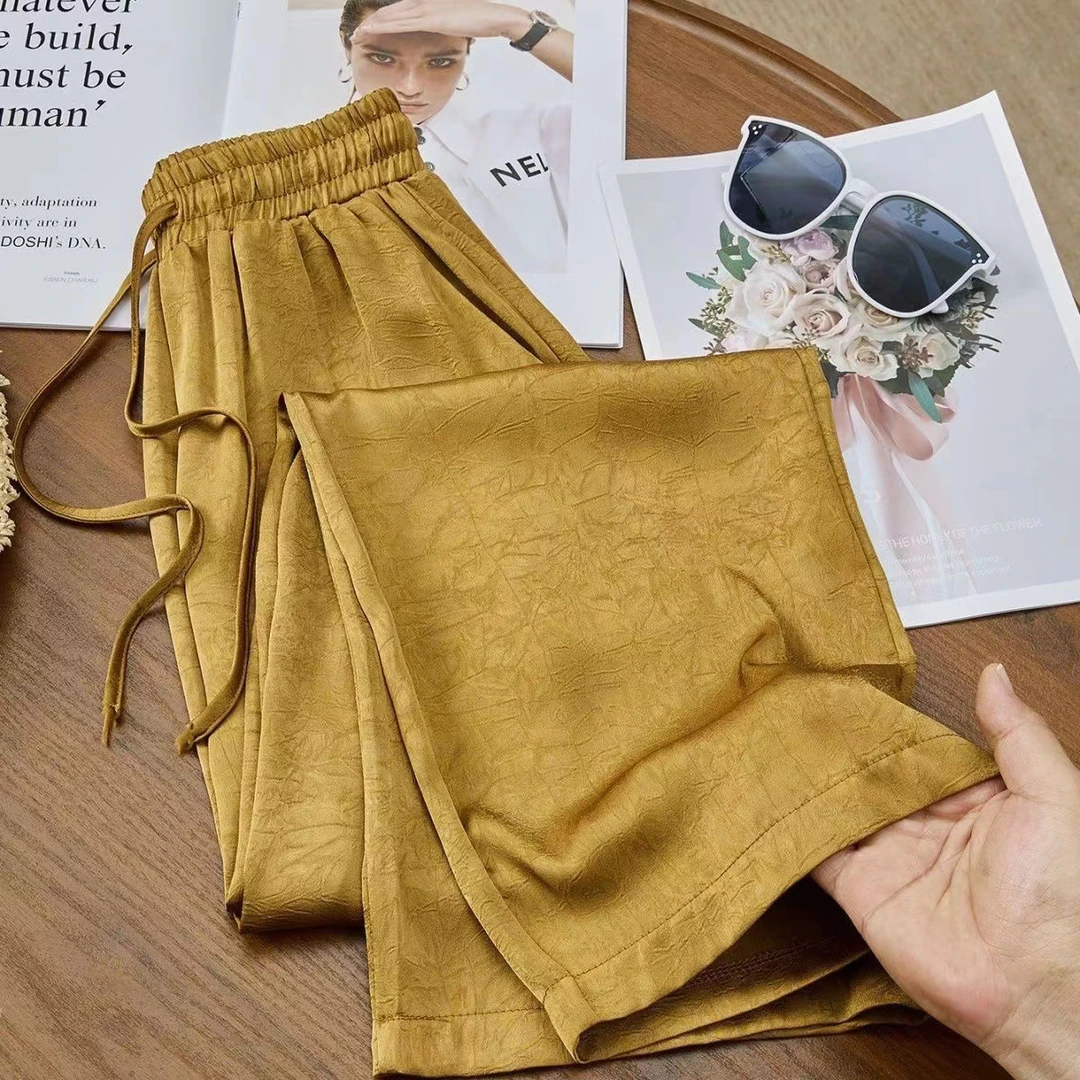 肌理感醋酸阔腿裤女春夏2025新款双缎面时尚女裤小个子垂感直筒裤