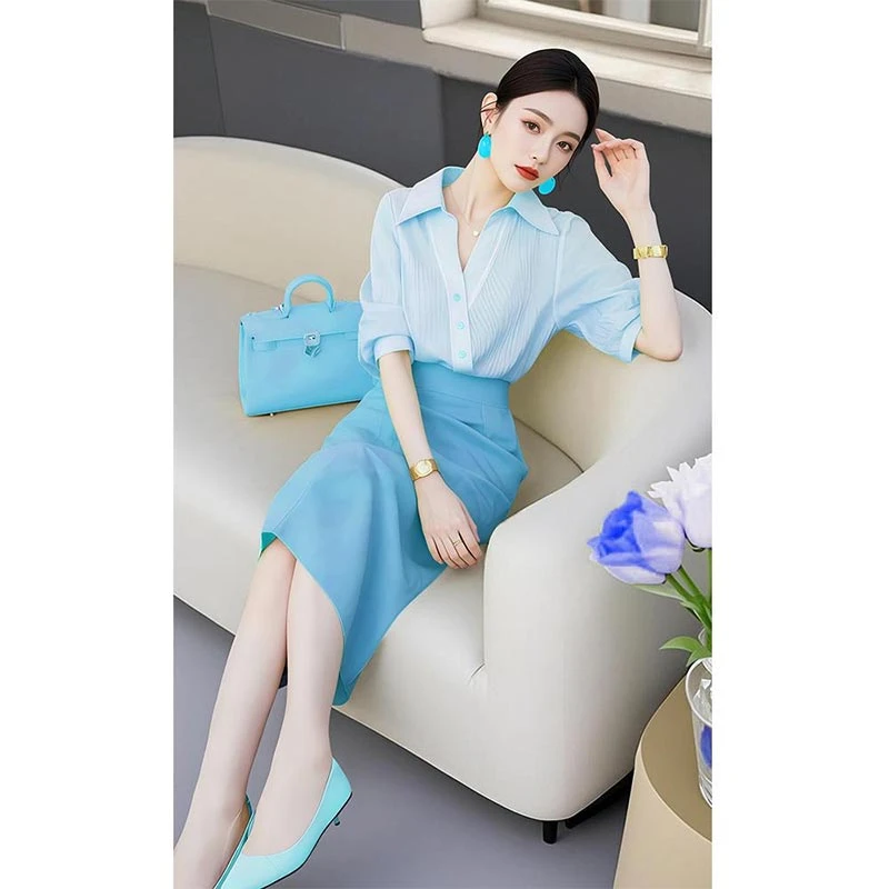香朵儿高级感蓝色衬衫连衣裙女2025春秋新款时尚气质个性百搭套装