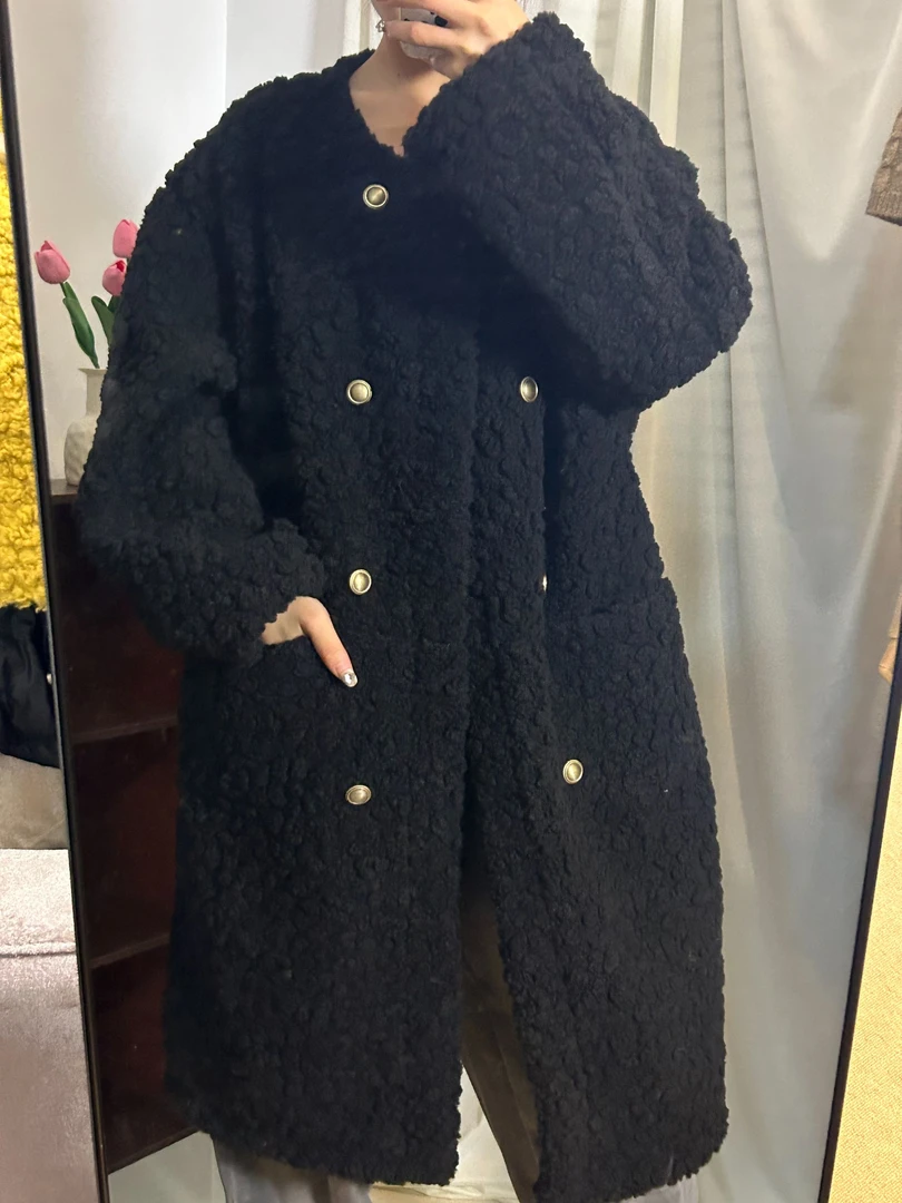 高级感双排扣羊羔毛皮毛一体外套宽松百搭长款大衣