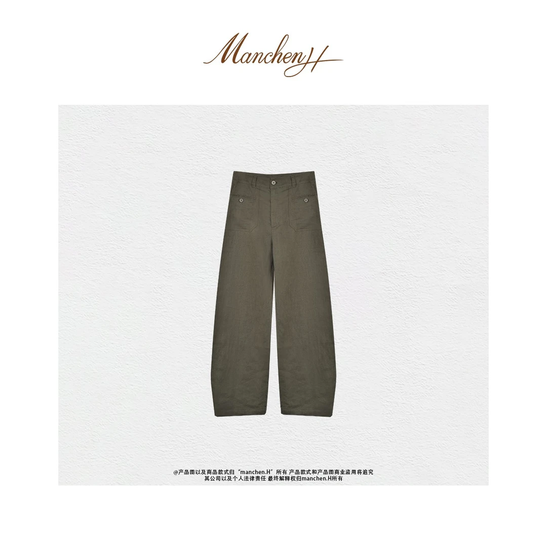 曼辰Manchenh“LP长腿绿麻”进口面料重工双口袋休闲长腿亚麻裤