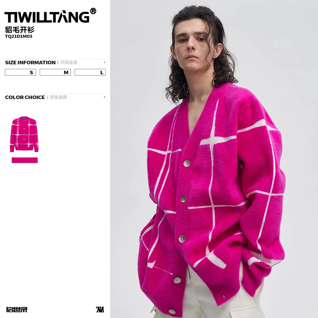 TIWILLTANG启世录“晨暨星硭 "仿貂毛休闲原创格子提花开衫毛衣
