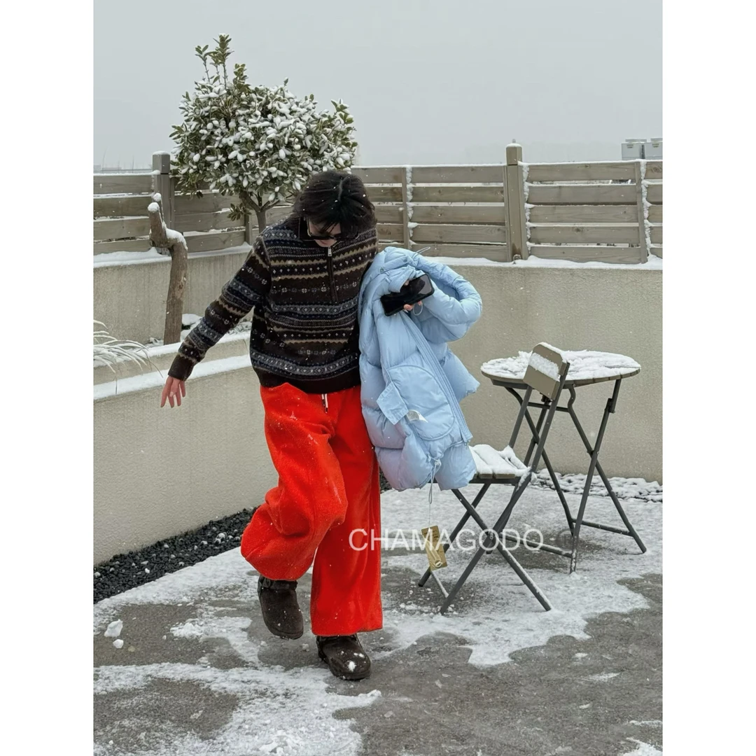 CHA MA GO DO【彩色入冬】橘色摇粒绒抽绳直筒休闲裤