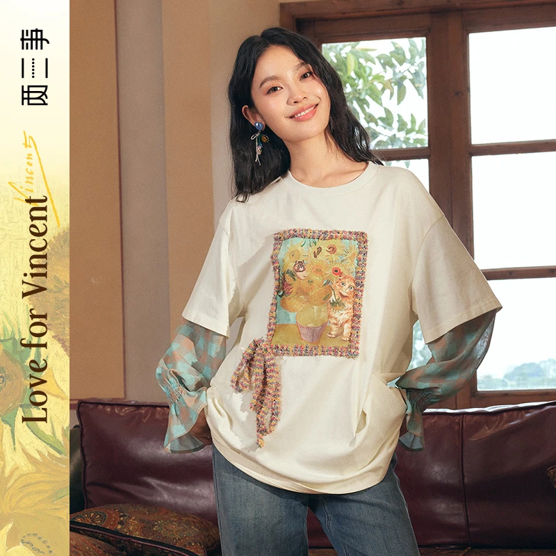 梵高艺术葵下萌主新款文艺风向日葵拼接长袖T恤